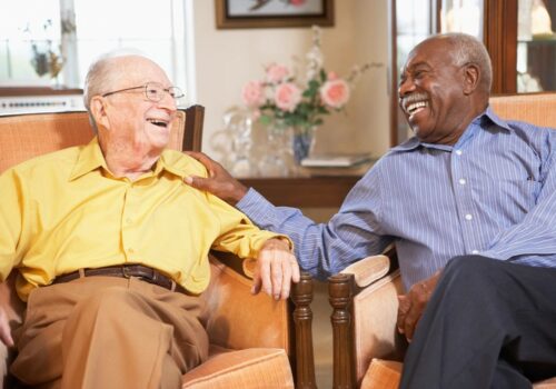 Two older men smiling at each other. Are you looking to put a smile on the older population by counseling? We can provide clinical supervision and consultation for older adults.